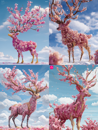 16k超高清，绘制一幅以梅花花瓣拼成的鹿的画面，着重展现独特创意与精致细节。 - 画面风格：采用超写实与艺术创意结合的风格，在细腻描绘梅花花瓣与鹿的形态时，强调两者融合的奇妙视觉效果，运用丰富色彩与光影变化，营造出唯美且奇幻的艺术氛围。 - 景别描述：全景，完整呈现由梅花花瓣拼成的鹿及其所处环境，使观者能全面感受画面的整体意境与创意表达。 - 画面色彩：以梅花常见的粉色系列为主色调，从浅粉到深粉，展现花瓣色彩层次。鹿的轮廓及部分细节用棕色或褐色体现骨骼与肌肉结构，与粉色花瓣相互映衬。背景选用淡蓝色天空与白色云朵的组合，营造宁静、唯美的氛围，同时增强画面的空间感。 - 主体描述：鹿的整体形态由无数梅花花瓣巧妙拼接而成。鹿角如树枝般伸展，每一枝角都由大小不一、颜色各异的梅花花瓣层层堆叠，花瓣紧密排列，仿佛自然生长。鹿身圆润，背部由大片粉色花瓣拼成，呈现出柔和的曲线，靠近腹部花瓣颜色渐浅，体现身体的光影变化。鹿腿修长有力，由较深颜色花瓣勾勒出轮廓，凸显肌肉线条，腿部关节处花瓣排列紧凑，表现出关节的结构感。鹿的眼睛清澈明亮，宛如深邃的褐色宝石，周围用细小的白色花瓣点缀，如同闪烁的光芒。鼻子小巧，呈黑色，与粉色花瓣形成鲜明对比。嘴巴微微张开，露出粉色的舌头。 - 动作描述：鹿站在一片草地上，四蹄稳稳地踏在地面，身体微微前倾，头部扬起，仿佛在嗅着空气中的花香，又似在警觉地观察周围环境。尾巴轻轻摆动，由几片细长的花瓣组成，随着身体动作自然晃动。 - 表情描述：眼神中透露出温和与灵动，既有对周围美好环境的好奇与享受，又带着一丝警惕，仿佛随时准备应对可能出现的变化。 - 氛围描述：营造出一种宁静、美好且充满生机的氛围。粉色梅花花瓣的簇拥，加上鹿温和的姿态，让人感受到春天的气息与大自然的和谐之美，仿佛置身于一个梦幻般的世外桃源。 - 画面效果：通过16k超高清的细腻画质，将梅花花瓣拼成鹿的独特创意生动呈现，花瓣的纹理、色泽以及鹿的神态、动作都清晰可见，给人强烈的视觉冲击，让人感叹大自然与艺术融合的奇妙。 - 画面细节：细致描绘每一片梅花花瓣的纹理、形状与色彩渐变，如花瓣边缘的褶皱、花瓣上的脉络。精心刻画鹿身上由花瓣拼接形成的“皮毛”质感，以及鹿的眼睛、鼻子、嘴巴等部位与花瓣融合的细节，展现出创意与写实结合的精妙之处。同时，注意表现草地上的小草、远处天空中云朵的细节，增强画面的真实感与空间感。 - 光线描述：假设阳光从画面右上方斜射而来，鹿的右侧身体及花瓣受光部分明亮，呈现出暖色调，粉色花瓣更加鲜艳，用较浅的颜色表现；左侧身体处于阴影部分，色彩相对较深，但通过色彩的渐变使阴影部分富有层次感，不显得沉闷，增强画面的立体感和空间感。草地上也形成明暗对比，阳光透过花瓣的缝隙，在地面上形成斑驳的光影，增添画面的生动感。 - 背景描述：背景为一片广阔的草地，草地上生长着嫩绿的青草，草丛中点缀着一些盛开的梅花，与拼成鹿的花瓣相互呼应。远处是淡蓝色的天空，天空中飘浮着几朵洁白如雪的云朵，云朵形状各异，有的像棉花糖，有的像绵羊，为画面增添了一份宁静与悠远的感觉。在鹿的身后，有一条蜿蜒的小溪，溪水清澈见底，流淌着的溪水在阳光的照耀下闪烁着金色的光芒，更衬托出整个画面的宁静与美好。
