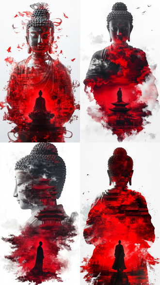 prompt：movie poster, abstract style concept art, double exposure of 3d buddha statue with red traditional chinese drama silhouette in front, on white background, realistic style with fantasy and surreal elements,