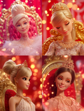 princess barbie wears sparkling sparkling tassel dress, sits on retro throne, smiles, eye makeup, golden red eyeshadow, crown, exquisite hairstyle, necklace, jewelry, glowing particles, serene face, palace, dreamy palette , close-up, face close-up, cute, dignified, red background, disney pixar studio 3d animation style, digital art, 3d rendering, oc rendering. cinema lighting, color correction, hd, ultra-detailed, 32k