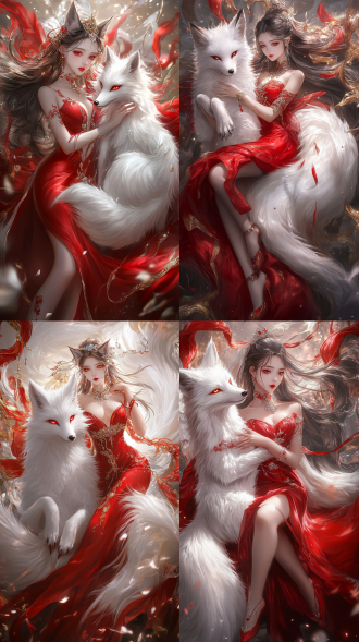 a fox girl is holding a white nine tailed fox with nine fox tails. the girl is dressed in a gorgeous red dress, red high heels, and exquisite accessories, emitting a gem like radiance. she is adorned with jewels and glittering colors, with a magnificent background, zhang jingna's style, gold and red, and delicate and beautiful facial features