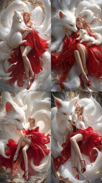 a fox girl is holding a white nine tailed fox with nine fox tails. the girl is dressed in a gorgeous red dress, red high heels, and exquisite accessories, emitting a gem like radiance. she is adorned with jewels and glittering colors, with a magnificent background, zhang jingna's style, gold and red, and delicate and beautiful facial features