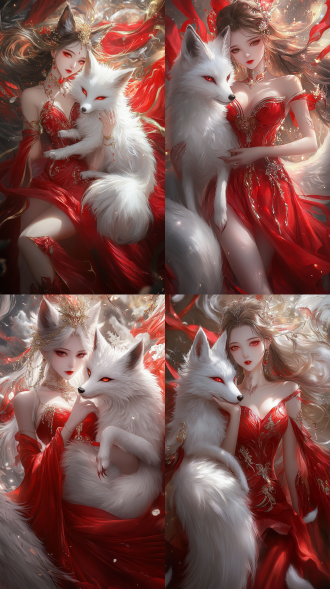 a fox girl is holding a white nine tailed fox with nine fox tails. the girl is dressed in a gorgeous red dress, red high heels, and exquisite accessories, emitting a gem like radiance. she is adorned with jewels and glittering colors, with a magnificent background, zhang jingna's style, gold and red, and delicate and beautiful facial features