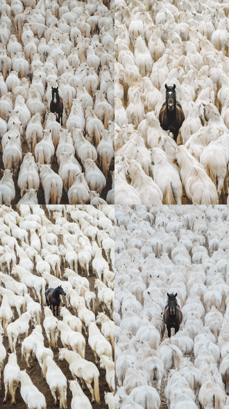 massive herd of white horses, with a single black horse standing out in the center. the scene is captured from an overhead perspective, showcasing over a hundred majestic and graceful pure-white horses amidst their vast herd. the photograph was taken with a canon eos r5 camera using an 80mm f/2 lens