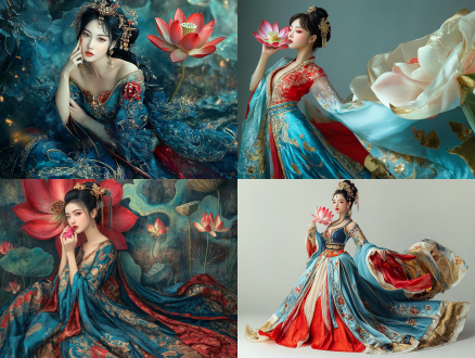 一位美丽的中国女子身穿华丽的蓝红色长裙，手持莲花至脸颊，姿态优雅，采用中国幻想新艺术风格，全息和荧光蓝金色风格，纯净背景，高分辨率，高质量，细节精致。