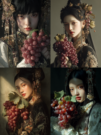 以新工笔结合三维古风的独特风格，运用概念光影营造梦幻氛围。画面呈现柔和色调与丰富色彩，打造超写实且细节惊艳的高分辨率场景。 一位身着古风华服的美女居于画面中心。她姿态优雅，青丝如瀑，精心盘起的发髻上点缀着精致复杂的珠宝，珍珠圆润，金色珠子闪耀其间。她手持一串由不规则切割红宝石组成的葡萄，那红宝石宛如饱满多汁的真葡萄般逼真，淡绿色叶子衬托，其纹理细腻可见。 美女面容姣好，眼神灵动，肌肤如雪，妆容精致。服饰面料质感上乘，绣工精细，以金线绣出的花纹闪烁微光。光线从斜上方洒落，在珠宝、葡萄和衣物上形成独特光影，强化立体感与梦幻感。整体画面精致华丽，充满古风韵味与艺术魅力。