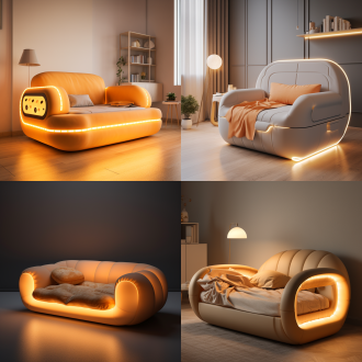 单人沙发带可拉床与智能家居，面包外形，居中构图，现代简约风，室内暖光，长焦镜头，低饱和度，舒适温馨。