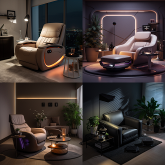 单人位沙发，居中构图，现代简约风，客厅中，冷色调，长焦镜头，顶光，静态，杯托充电音响灯，舒适。