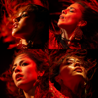 female flamenco dancer's close-up of the face, on stage, heavy makeup, passionate expression, close-up shot, a frontal view, warm lighting, predominantly red color scheme, in 32k high definition, passionate, flying hair.