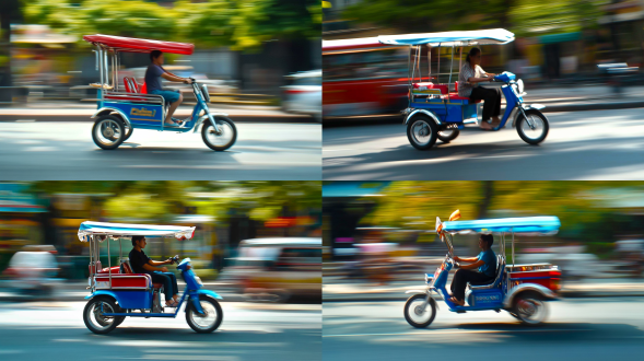 一辆在行驶中的三轮车，车辆的颜色鲜艳，主要是蓝色和红色，。背景中可以看到模糊的树木和建筑物，晴朗的蓝天，阳光明媚的日子，动态运动，高对比度，电影灯光