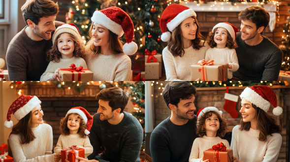 创造一个温馨的家庭庆祝圣诞节的场景。父亲穿着一件深色毛衣，留着棕色短发，母亲穿着一件白色毛衣，戴着圣诞帽，留着棕色长发，孩子穿着一件奶油色毛衣，戴着圣诞帽，留着卷发。还有温暖的节日灯光。气氛温馨，充满了节日的欢乐。”