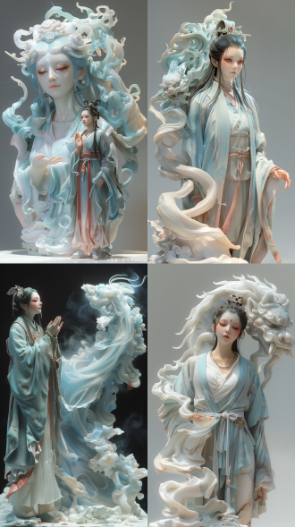 女性全身站在大理石纹理雕像旁，头部雕刻精致，举起一只手，正面构图，冷色调，中焦镜头，顶光，静止，庄重，雕塑感。