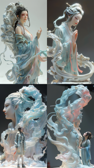 女性全身侧面站在大理石纹理雕像旁，雕像头部雕刻精美，她举起一只手，冷色调，中焦镜头，顶光，静止，庄重。