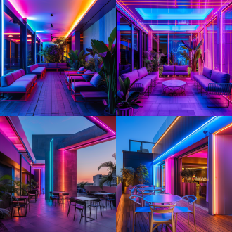 露台霓虹灯幻彩，中心构图，冷色调，超广角镜头，顶光，平静，现代风格，简洁线条，几何元素。