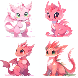 全身粉红色的小龙，粉红色毛发搭配绿色的毛发，大眼睛，懵懂的眼神表情，纯白色背景