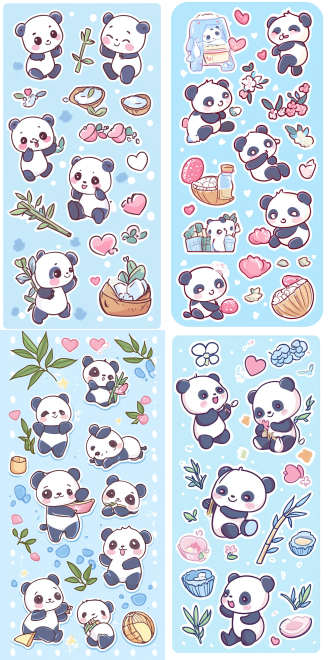 可爱的熊猫贴纸，各种竹子元素，如可爱的黑白熊猫以不同姿态吃着各种形状的竹子。背景的淡绿色、白色、蓝色。图片中还要椰子壳的元素。