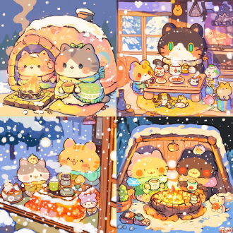 窗外森林飘雪天色灰暗，屋内小猫围炉喝茶讲故事，中心构图，暖色调，低饱和度，柔和光线，温馨，特写镜头，惬意。
