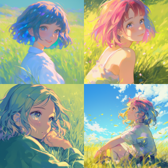 动漫女主在翠绿大草原上午，皮肤白皙彩色头发眼睛闪光，宫崎骏风格，4k画质，细节丰富，侧光，中景，可爱，清新。