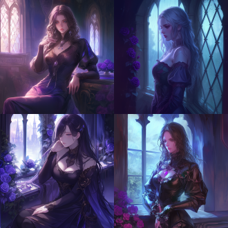 高贵女子长发紧身衣，阴郁表情，古堡内居住，屋内富丽，窗边紫蔷薇，窗外下雨，细节丰富，超清画质，侧光，长焦镜头，冷色调。