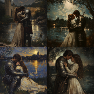 中世纪骑士与公主在小河边拥抱，夜空为背景，油画质感，古典服饰，深情表情，暖色调，柔焦，逆光，宁静。