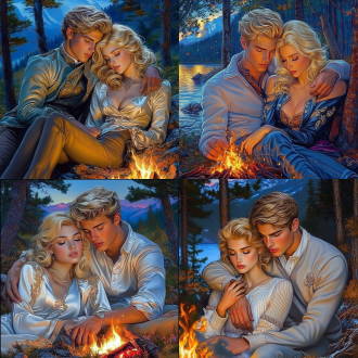 金发二十多岁男生与栗色齐肩发女友傍晚森林篝火露营，亲密依偎，暖色调，低光环境，中长焦镜头，柔和光线，温馨。