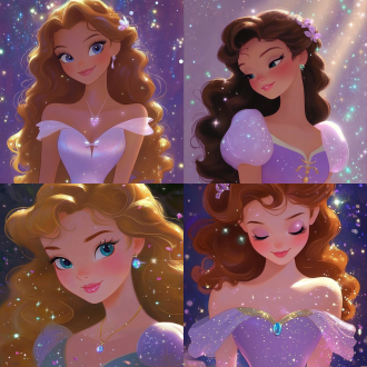 迪士尼公主头像，正面特写，精致面容甜美微笑，卷发，华丽服饰，高细节，柔和光线，暖色调，可爱风格，梦幻。