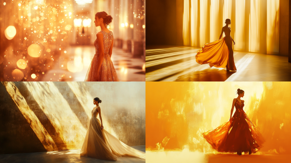 时尚女郎在服装秀，极简风格，超清工笔画，上流社会纸醉金迷，漂亮，黄金构图，长裙，优雅表情，暖光，长焦镜头，静止。