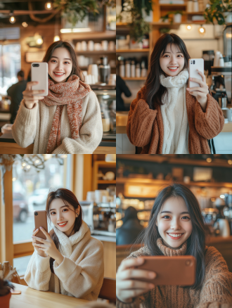 二十多岁中国女生咖啡店自拍，居中构图，店内温馨风，浅景深，侧光，自然光，微笑，肤色白皙，暖色调，自信。