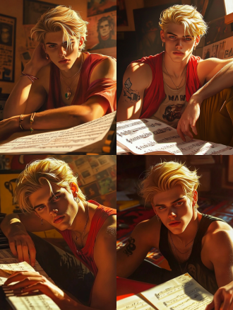 山姆阁楼创作音乐，地上乐谱散落，阳光洒金发，对角线构图，暖光，广角，特写，帅气专注，二十出头金发戴耳钉男子平视镜头。