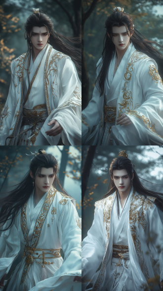 黑暗的夜晚，荒郊野岭，几只乌鸦站在树枝上，有一只白色的站在中间，广角镜头，侧光，广角镜头，夜色，琥珀色调，阴冷色调，阴森诡异，薄雾，电影级4k，低角度，侧光，慢快门，凝视，恐惧，神秘，高清分辨率