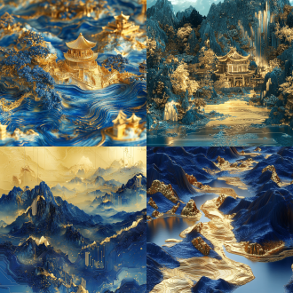 蓝金山水，细节丰富，广角镜头，流体摄影，传统风格，壮丽景色，电路板效果，发光，中国风，千山万水，3d插图，蓝金配色，壮丽，雄伟，丰富色彩。