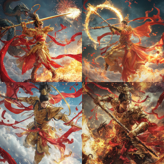 "以春节档哪吒海报为主题，高清电影质感，成年哪吒赤甲缠金混天绫，手持火尖枪踏风火轮凌空而立，怒目对峙四海龙王——青龙王卷玄冰，白龙王携雷暴，赤龙王吐烈焰，黑龙王掀巨浪。背景融入烟花绽放的除夕夜空，龙须与红绸共舞，火花与水雾碰撞飞溅，3d渲染极致细节，冷暖光交织冲击。"