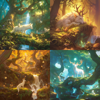 晨雾裹着榛果香在林间流淌，琥珀色光斑穿过千年古藤，白鹿踏着蕨类地毯走向树洞秘境。绒毛松鼠捧着发光橡果，狐影掠过覆满青苔的巨石，水晶蘑菇在朽木根部绽出星芒。藤蔓编织的光之穹顶下，小动物们仰头承接穿过叶隙的鎏金光瀑，绒毛边缘泛起柔雾金边，树瘤纹路里藏着精灵的耳语。（温暖治愈系插画风格，莫兰迪色调混合蜂蜜色光晕，细节呈现绒毛质感与透光叶片，神秘氛围中充盈生命律动