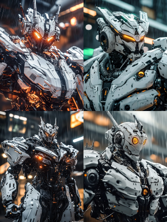 mecha design, hyper detailed armor plating, hydraulic joints, glowing energy cores, battle damage, rain effects, cyberpunk battlefield, intricate mechanical components, neon lighting, 8k unreal engine rendering, concept art by yoji shinkawa and maciej kuciara