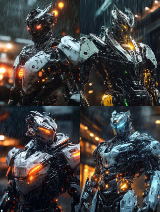mecha design, hyper detailed armor plating, hydraulic joints, glowing energy cores, battle damage, rain effects, cyberpunk battlefield, intricate mechanical components, neon lighting, 8k unreal engine rendering, concept art by yoji shinkawa and maciej kuciara