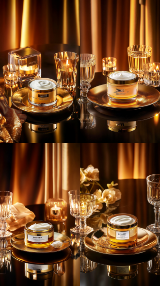 面霜在圆盘旁，香薰蜡烛点缀，高脚杯相伴，黑金暗色调，前景虚化，背景低饱和度虚化窗帘，中心构图，暗调风格，柔焦，侧光。