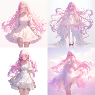 粉色头发女孩穿连衣裙正面站姿全身立绘，长发飘逸，精致面容，白色背景，冷色调，柔和光线，长焦镜头，高清晰度，平静，ai建模。