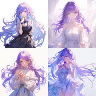 紫发女孩穿连衣裙正面立绘，长发飘逸，精致面容，白色背景，冷色调，长焦镜头，ai建模，柔和光，高清晰度，平静。