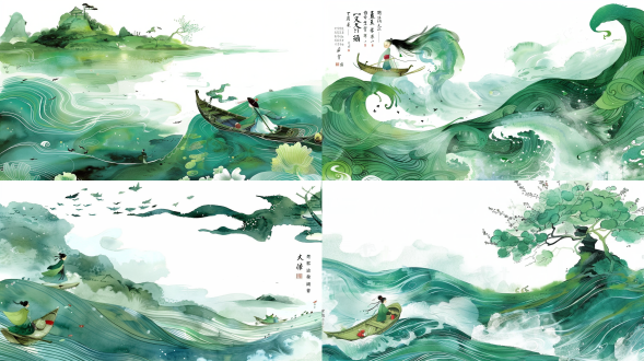 敦煌艺术风格的插图，一粟小舟上有个人，航拍镜头，连绵起伏的涟漪，笔触极其细腻，柔软光滑，淡雅水彩，中国风绘本，晕染，清新优美，空灵