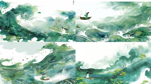 敦煌艺术风格的插图，一粟小舟上有个人，航拍镜头，连绵起伏的涟漪，笔触极其细腻，柔软光滑，淡雅水彩，中国风绘本，晕染，清新优美，空灵