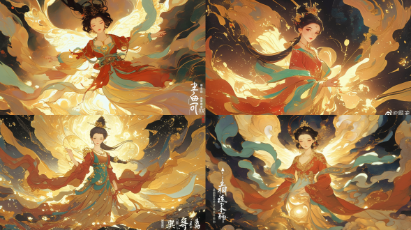 中国远古神话人物女娲，端庄，神性,有着蛇的尾巴，中景，中国风，画面细节丰富，女娲有蛇的尾巴，红绿色衣服，