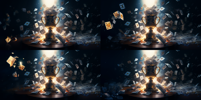 奖杯，夜晚，码牌在奖杯旁边，灯光从奖杯上方打下来，高清，