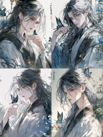 仙侠漫画风格，男性长银发戴花，温柔光线下与蝴蝶虫类，精致优雅，侧光，长焦镜头，中景构图，冷色调，帅气。 武侠 汉服 半身