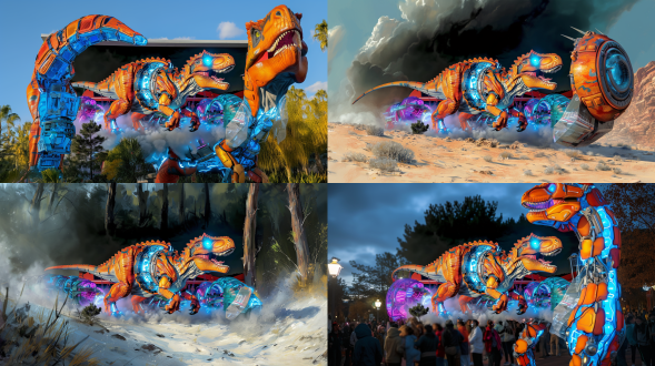 科技霸王龙，恐龙姿态头朝上吼叫，恐龙的眼睛发出蓝色光，恐龙的头部部分暴露机械结构，内部可见齿轮、后颈部暴露科技的线路管子之类的，恐龙暖色调，正侧面视角