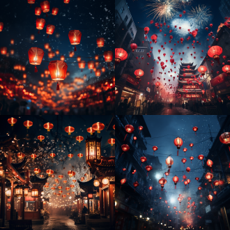 新年夜晚，对称构图，中国风，墨蓝天幕下红灯笼摇曳，烟花绽放，街头满是中国红，暖光，长焦，喜庆欢乐氛围。