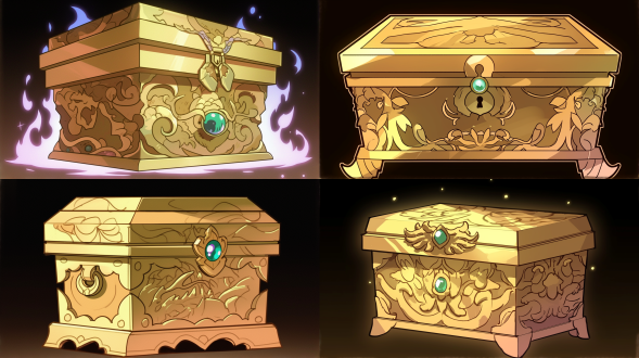 箱子，宝箱，金色色调，龙纹，雕刻花纹游戏图标，龙角，中国风，箱子，游戏图标设计，游戏百宝箱图标，手绘风，