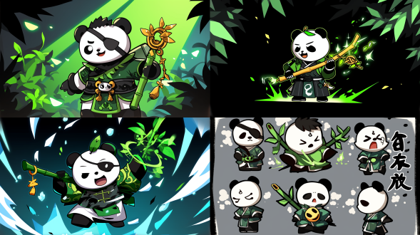 熊猫头，游戏例会，绿色的鞋子，绿色的衣服，绿色的披风，大笑表情，手拿着棍子，竹子做的棍子，游戏角色，人物角色，熊猫头，中国风。水墨风。手绘