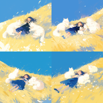 两只长毛乳白色小猫和穿裙小女孩平躺于广阔草原，大远景插画扁平化风格，双色调，柔和光线，平静，平躺。