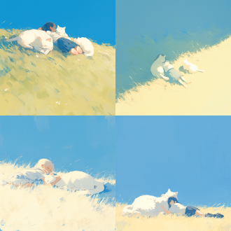 两只长毛乳白色小猫和穿裙子的小女孩平躺在广阔草原，全景扁平风双色调，柔和光，平静，平躺，衣服，1:1画幅，niji 6。