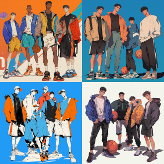 五个男性模特正面展示多样运动服装，篮球动作，宽松版型，手绘效果，无背景，现代复古街头风，侧光，广角，冷色高对比。