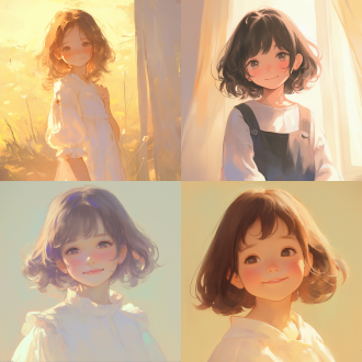 小女孩笑容纯真，极简场景，简单服饰，柔和光线，正面构图，浅景深，冷色调，平静，简洁线条，淡雅色彩。